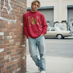 VTG 90s Anvil Cotton Deluxe Mock Neck Long Sleeve T-Shirt XL USA Graphic Skater